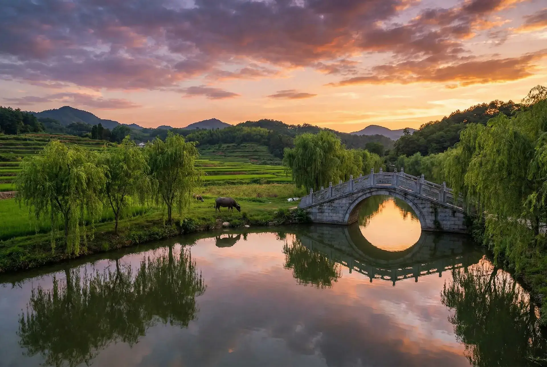夕阳下的石拱桥与垂柳，水牛在河边吃草 - 网站你知道我的意思的www正能量 乡村美景